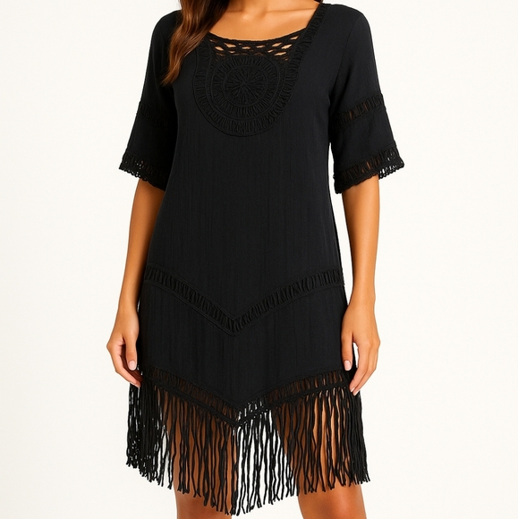 💙 Fringe Crochet Boho Western Swim Cover Up Dress Black Size M/L - Picture 2 of 8